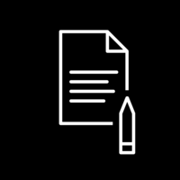 White pictogram of a document with a pen pointing upward in the bottom right corner on a black background.