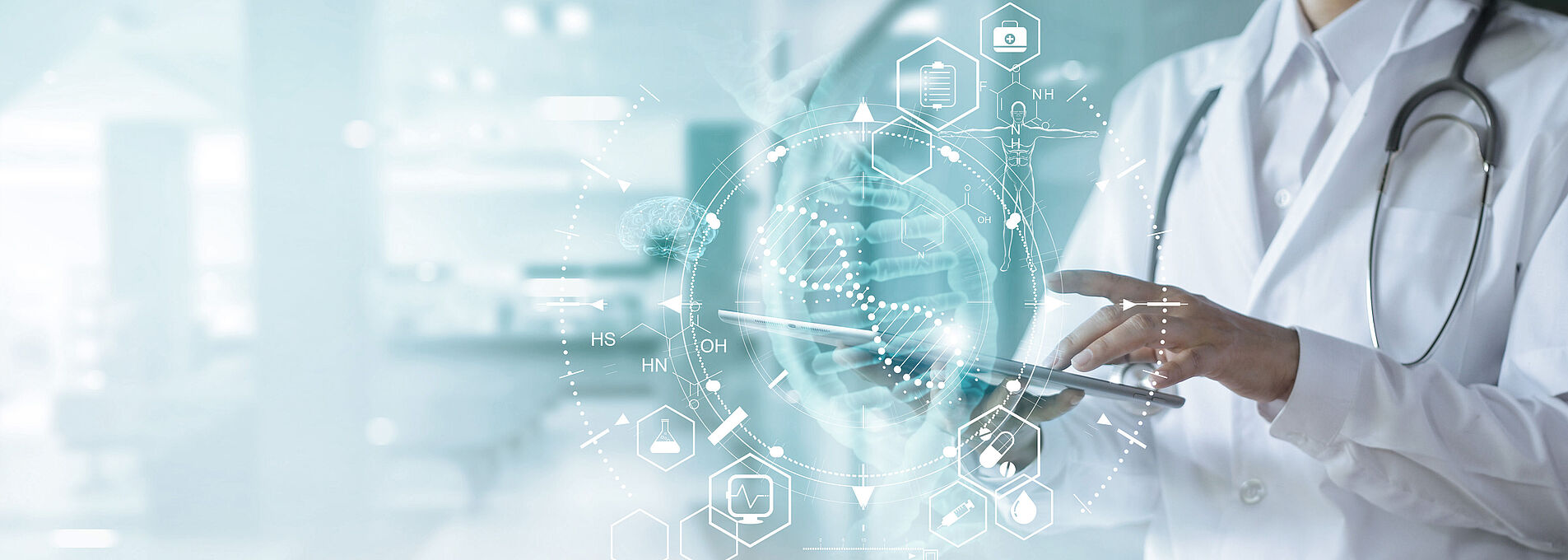 Woman in a doctor's coat taps her fingers on a touchpad, DNA strand and other health topics appear as holograms in front of her.