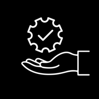 Pictogram of an open hand pointing upwards, with a gear wheel floating above it and a tick in the middle.