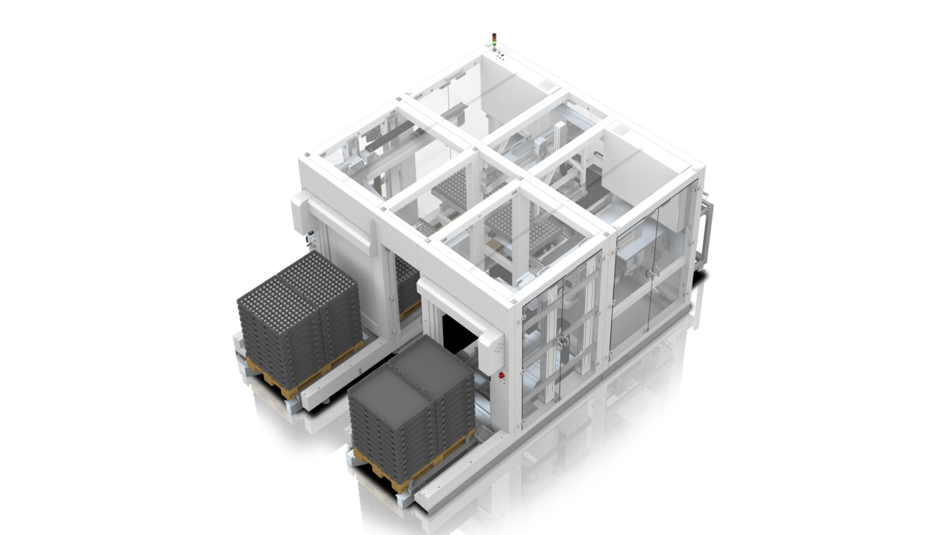 Top view of a palletizing machine with vials.