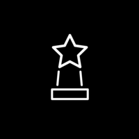 White pictogram of a trophy with a star on top on black background.