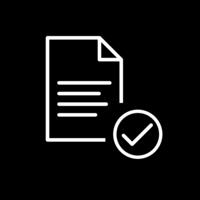 White pictogram of a document with a verification checkmark in the bottom right corner on a black background.